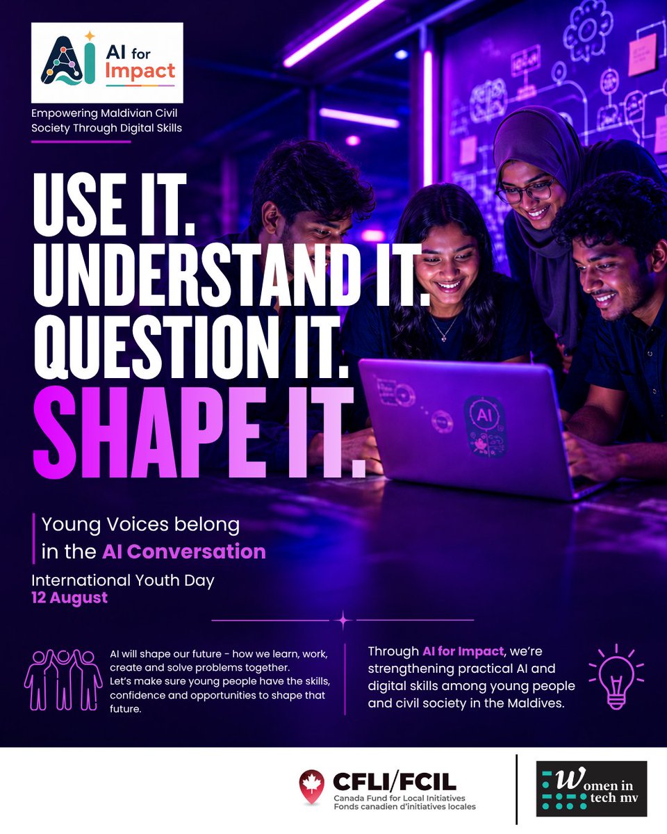 womenintechmv's tweet photo. Young people shouldn't just inherit an AI-enabled future. They should help shape it.  

💬 What role do you think young people should play in shaping the future of AI in the Maldives?  

#AIForImpact #YouthAndAI #Maldives #CFLI https://t.co/IUVgZjd6Uk