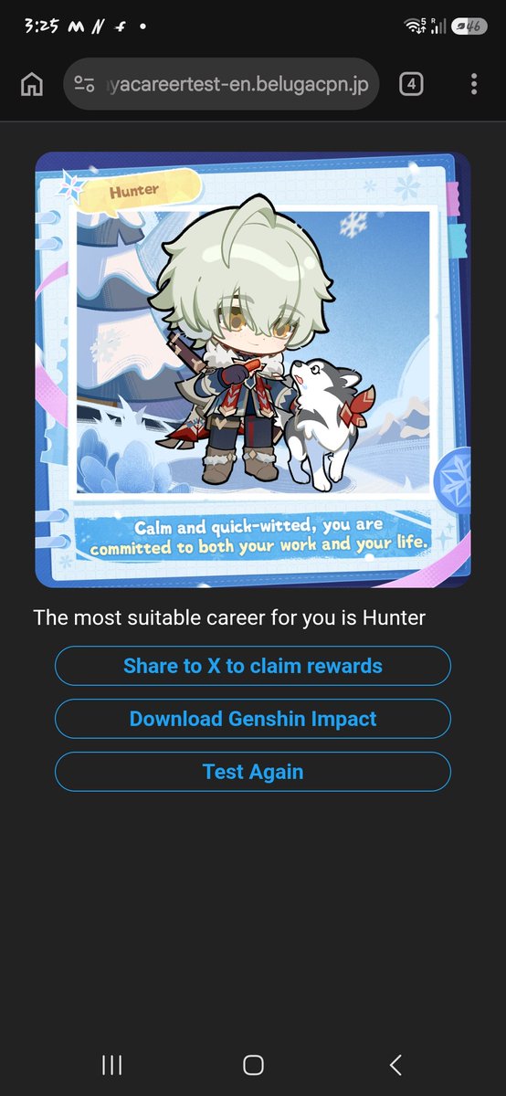 sella_rem's tweet photo. The most suitable career for _(Username)_ is Hunter.
Participate in the test to receive Primogems ×160 and a chance to win Intertwined Fate ×10. You can participate multiple times. #SnezhnayaCareerTest @GenshinImpact
https://t.co/WnMA2GxlZ4 https://t.co/lV3CvjwD99