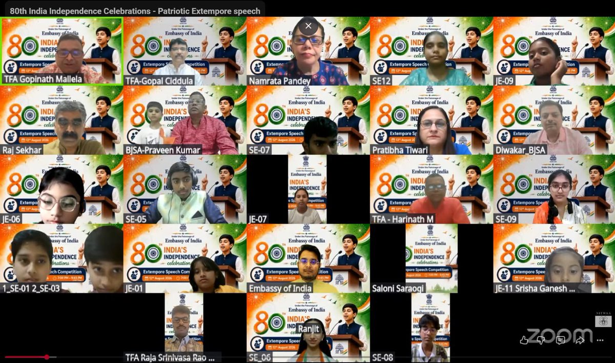 IndembAbuDhabi's tweet photo. Celebrating patriotism through the voices of young India!
To mark India’s 80th Independence Day, the Embassy, with Telangana Friends Association, Bihar &amp; Jharkhand Samaj Abu Dhabi &amp; Telugu Association of Abu Dhabi, hosted Online Patriotic Singing &amp; Extempore Speech Competitions. https://t.co/mR5gCkaHqj