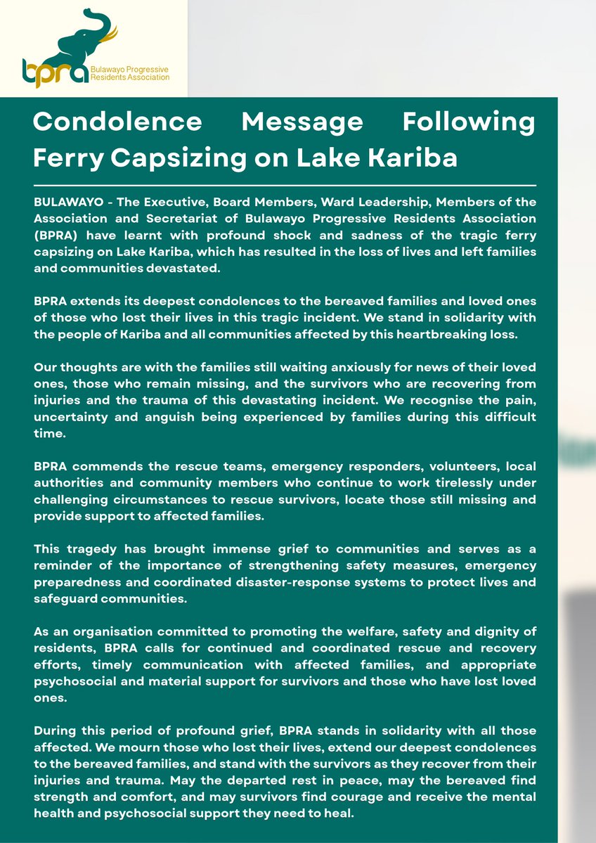 byopra's tweet photo. BPRA mourns the lives lost in the tragic ferry capsizing on Lake Kariba & extends heartfelt condolences to the bereaved families and loved ones. We stand with the survivors and call for continued mental health & psychosocial support as they navigate this trauma
#WeStandTogether https://t.co/jy2N0afZZ8