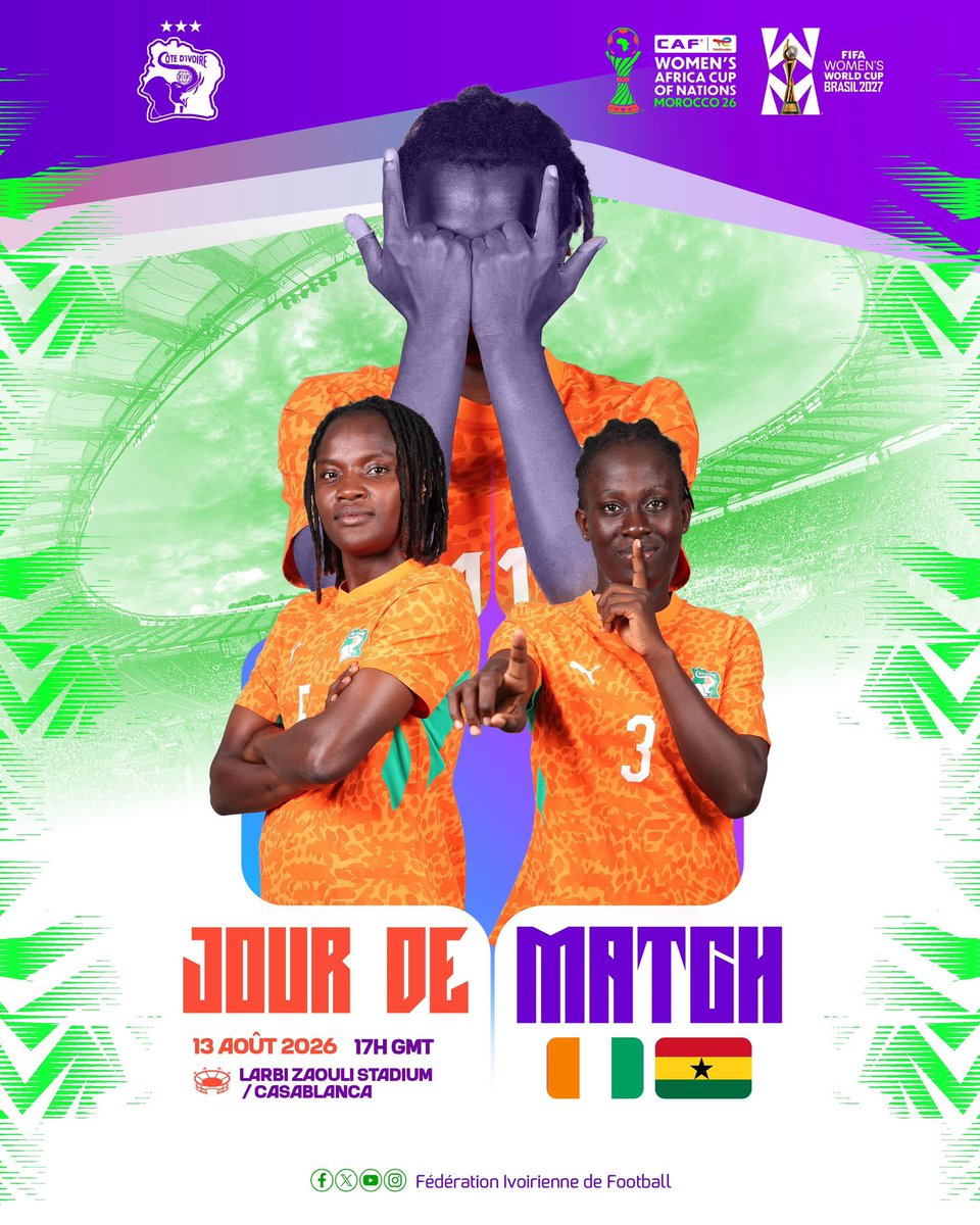 equipenatciv's tweet photo. JOUR DE MATCH !
Qualification pour les barrages de la Coupe du Monde Féminine 2027.
🆚 Ghana 🇬🇭
🏟️ Stade Larbi Zaouli , Casablanca
⏰ 17 heures GMT
#AllezLesÉléphantes
#MatchDay
#FIFCIV https://t.co/i0ghRg57nU