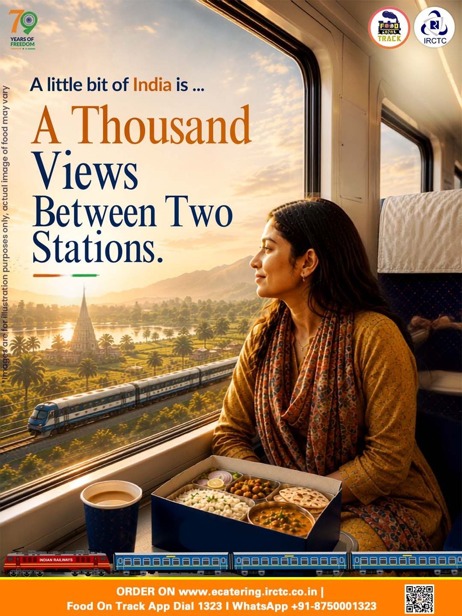 eCateringIRCTC's tweet photo. Every journey through India leaves you with something—a new view, a new flavour, a new story, or simply a moment worth remembering. And perhaps that’s what makes travelling through this country so special: there’s always something that brings us a little closer to home. With eCatering, here’s to celebrating the little things that make India, India.

Order fresh, hygienic meals from trusted restaurant brands and get them delivered right to your train coach.

🌐 https://t.co/sj0NT7G2Cn
📲 Install #FoodOnTrack app
📞 Call 1323
📱 WhatsApp +91-8750001323