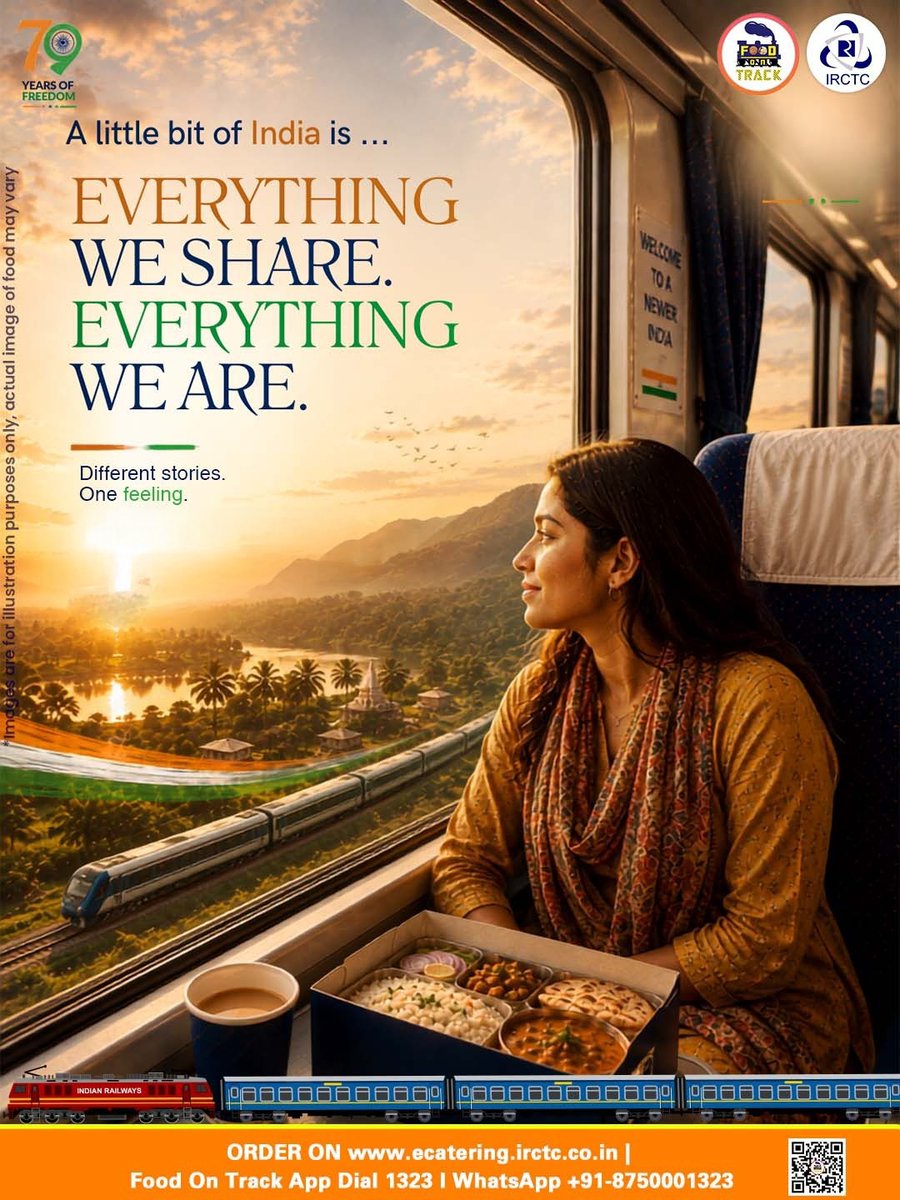 eCateringIRCTC's tweet photo. Every journey through India leaves you with something—a new view, a new flavour, a new story, or simply a moment worth remembering. And perhaps that’s what makes travelling through this country so special: there’s always something that brings us a little closer to home. With eCatering, here’s to celebrating the little things that make India, India.

Order fresh, hygienic meals from trusted restaurant brands and get them delivered right to your train coach.

🌐 https://t.co/sj0NT7G2Cn
📲 Install #FoodOnTrack app
📞 Call 1323
📱 WhatsApp +91-8750001323