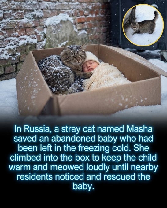 Rainmaker1973's tweet photo. A stray cat named Masha became a real-life hero in Obninsk, Russia, after saving an abandoned baby left freezing in the snow.

When residents heard the long-haired tabby’s loud, nonstop meowing, they discovered a newborn infant inside a cardboard box. Masha had climbed in and curled up against the baby, using her own body heat to keep him warm and protect him from deadly hypothermia.

Paramedics confirmed the baby was healthy thanks to the cat’s vigilance. Witnesses were amazed when Masha even tried to follow the child into the ambulance, refusing to leave his side. The heartwarming story quickly spread, and locals showered Masha with treats and affection, proudly calling her the neighborhood’s guardian angel.