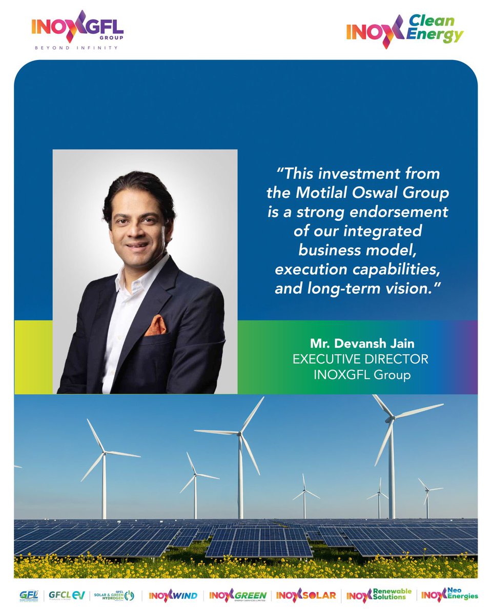 inoxgflgroup's tweet photo. Motilal Oswal Group to invest ₹1,500 crore in Inox Clean Energy

•⁠  ⁠₹1,500 crore investment commitment, with ₹1,000 crore already completed.
•⁠  ⁠The investment will fuel Inox Clean’s next phase of growth, particularly its inorganic growth initiatives. https://t.co/GyIrhTVR5k