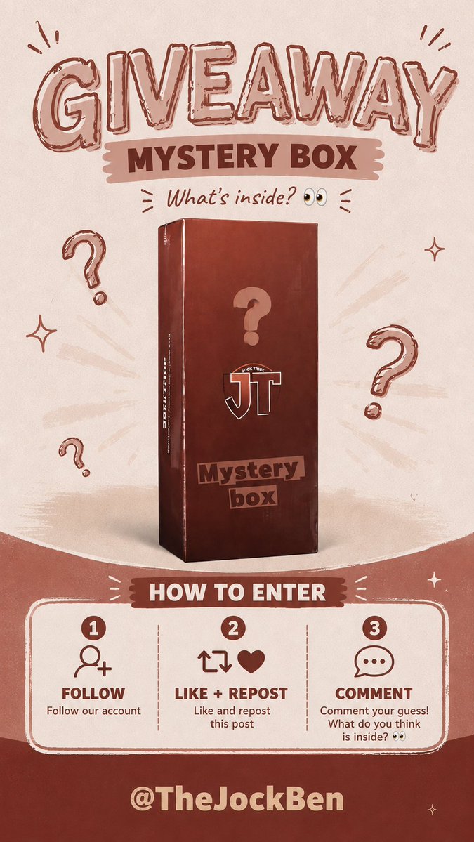 TheJockBen's tweet photo. 🎁JockTribe Mystery Box Giveaway❓

We’re giving away a Mystery Box featuring JockTribe’s #1 best-selling toy — one of our most loved creations from the tribe!

Guess what’s inside?👀

How to enter:
1⃣ Follow @TheJockBen 
2⃣ Like&Repost
3⃣ Comment Your Guess

🗓 Event: Aug 13 – Aug 30, 2026
🏆Winner announced: Aug 31, 2026

Your next fantasy might be inside.