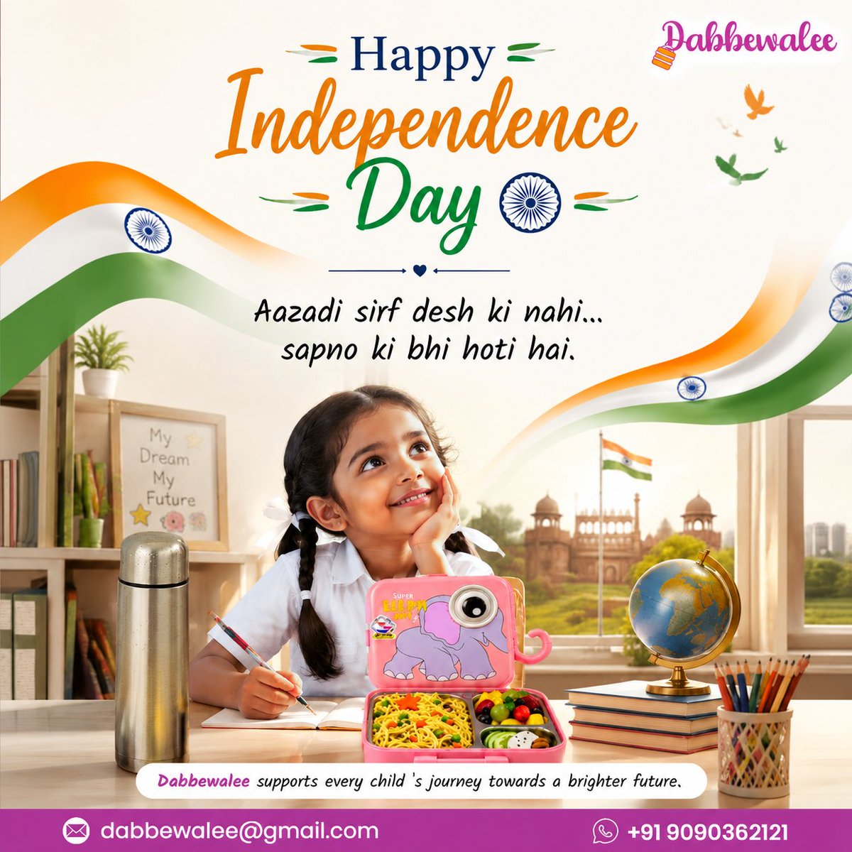 dabbewalee's tweet photo. Celebrating the freedom to dream, grow, and create a better tomorrow. 

Dabbewalee wishes you a Happy Independence Day.

Premium lunchbox, tumbler and bottle brand in Ahmedabad

#independenceday #15august #india #freedom #watterbottle #lunchbox #KidsProducts #SchoolEssentials https://t.co/aMXPyrZPSV