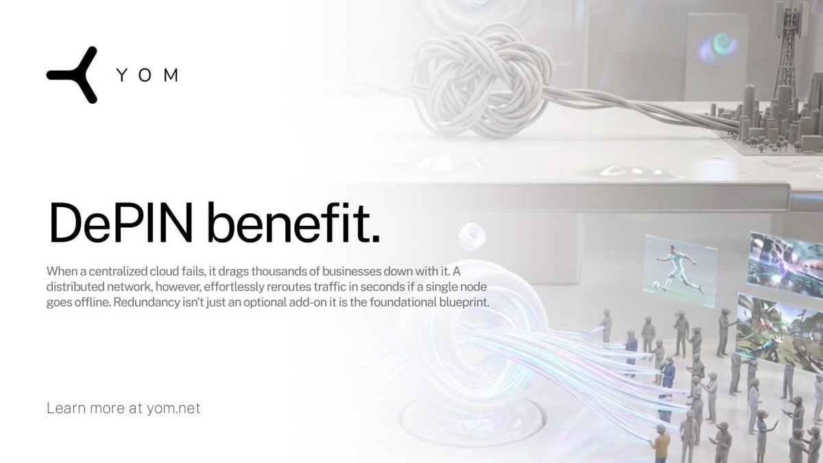 YOM_Official's tweet photo. AWS goes down? Half the internet breaks.

A DePIN node goes offline? The network reroutes in 2 seconds.

No single point of failure. It’s built that way. https://t.co/ARkmSte0fK