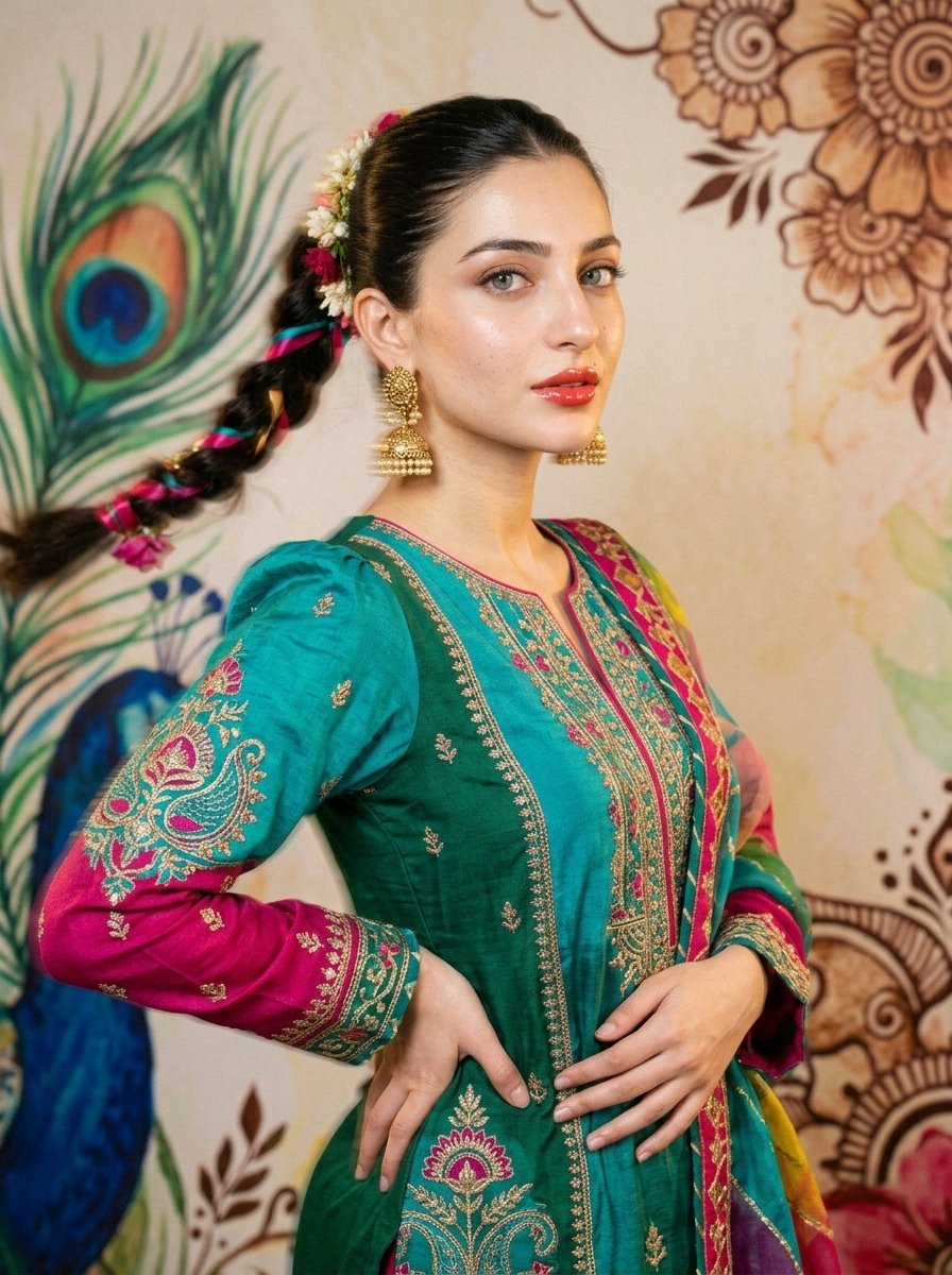 pixel_labs_AI's tweet photo. **Detailed Prompt:*
Peacock Mehndi.

> Chest-up Pakistani festival couture portrait overflowing with color and celebration. Woman wearing a luxurious peacock-inspired emerald, turquoise and fuchsia Pakistani ensemble with a fitted embroidered kameez, sculptural sleeves, jeweled details and a flowing multicolored dupatta. Hair styled in a high braided ponytail decorated with tiny flowers, pearls and colorful ribbons. Bold turquoise, emerald, fuchsia and gold eyeshadow, glittering cut crease, dramatic black liner, huge lashes, vivid pink blush, radiant highlighter and glossy coral-red lips. Elaborate Pakistani gold jhumkas, tikka, necklace and bangles. Hand-painted canvas backdrop depicting abstract peacock feathers, Mehndi florals, lanterns and colorful festival ornamentation in matching jewel tones. Bright cinematic studio lighting, celebratory Pakistani fiesta energy, luxury editorial photography.
