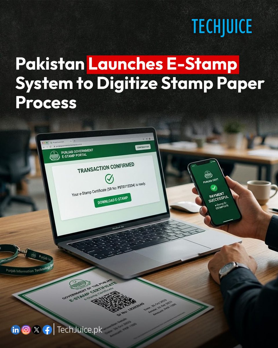 TechJuicePk's tweet photo. Pakistan Launches E-Stamp System to Digitize Stamp Paper Process.
Pakistan has launched a new e-stamp system to simplify stamp paper services, reduce paperwork and make the process more convenient for citizens.

#techjuice #pakistan #estamp #digitalpakistan #technews https://t.co/PxSTlgOKpe