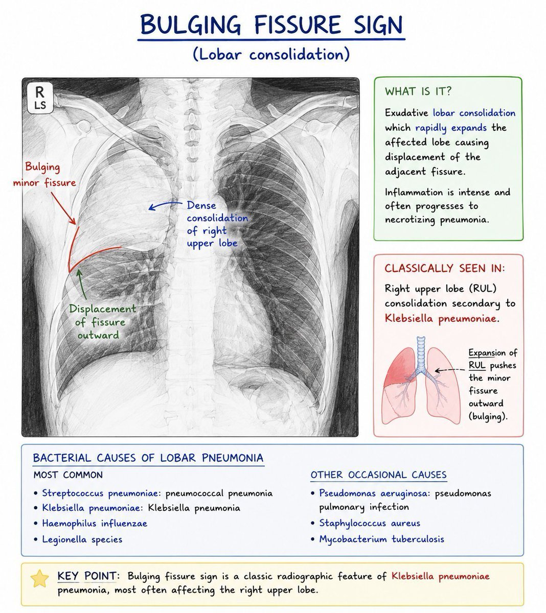 TrackYourHeart's tweet photo. The bulging fissure sign refers to exudative lobar consolidation that rapidly expands the affected lobe, causing displacement of the adjacent fissure. It has been classically described in right upper lobe consolidation secondary to Klebsiella pneumoniae https://t.co/7x0HYocqls