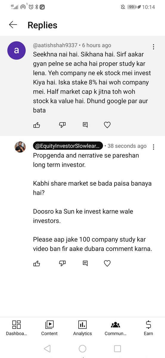 raj9to5's tweet photo. Look at the mind set. Instead of studying company, making videos and adding value to other gyan pelne wale.

Nerrative and propgenda ke shikari, doosro ka Sun ke invest karne wale long term investor ka yehi haal hota hai. https://t.co/8FOkuteRZj