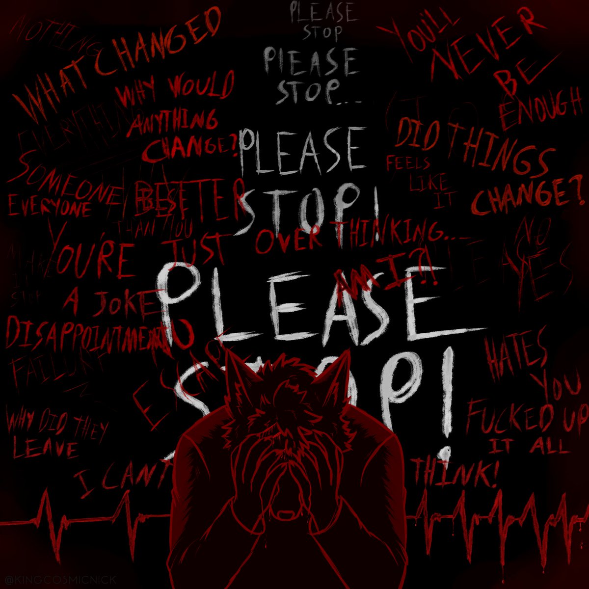 KingCosmicNick's tweet photo. Late night anxiety. 

Just one last vent piece idea I wanted to get out after events this evening, before returning to normal art. https://t.co/3aFWjBYqI9