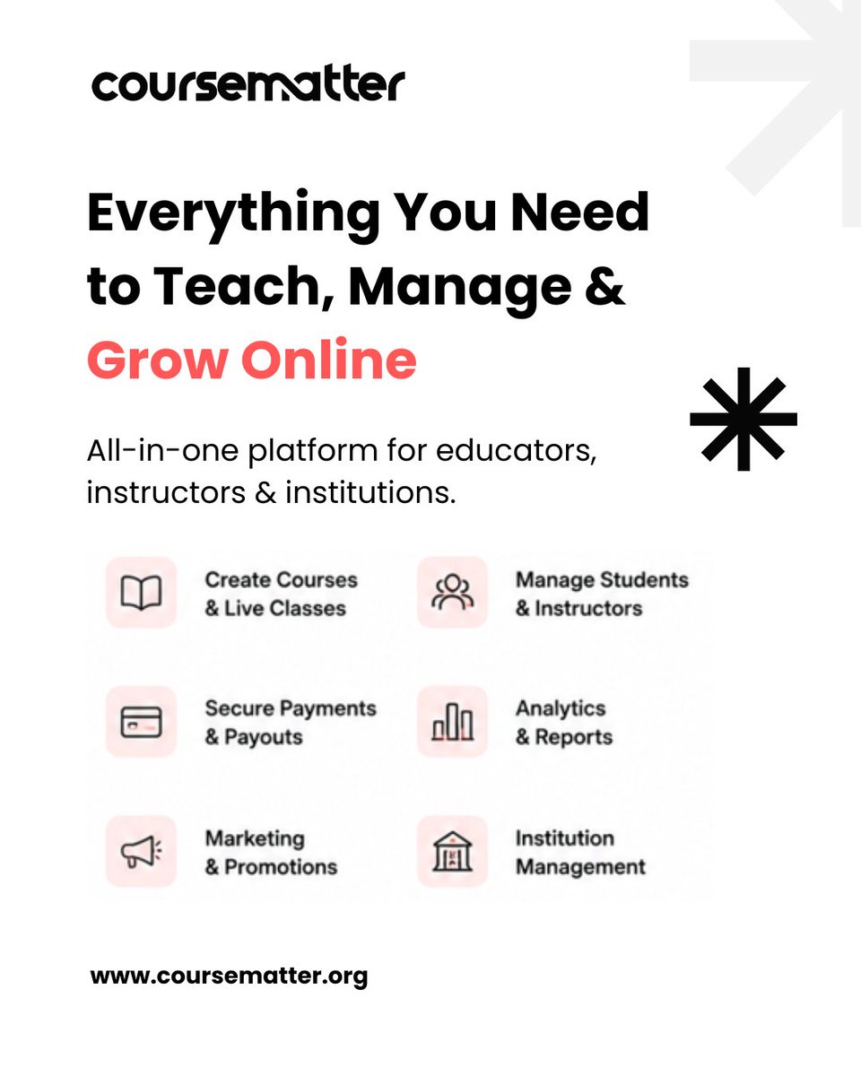 coursematter's tweet photo. Everything you need to teach, manage &amp; grow online. 🚀

📚 Courses &amp; live classes
👨‍🎓 Students &amp; instructors
💳 Payments
📊 Analytics
📢 Marketing
One platform. Zero upfront cost.
🌐 https://t.co/bkL5P3Mfpy
#coursematter #LMS #EdTech #OnlineTeaching #EducationBusiness #TeachOnline https://t.co/RlCC5jWPFJ