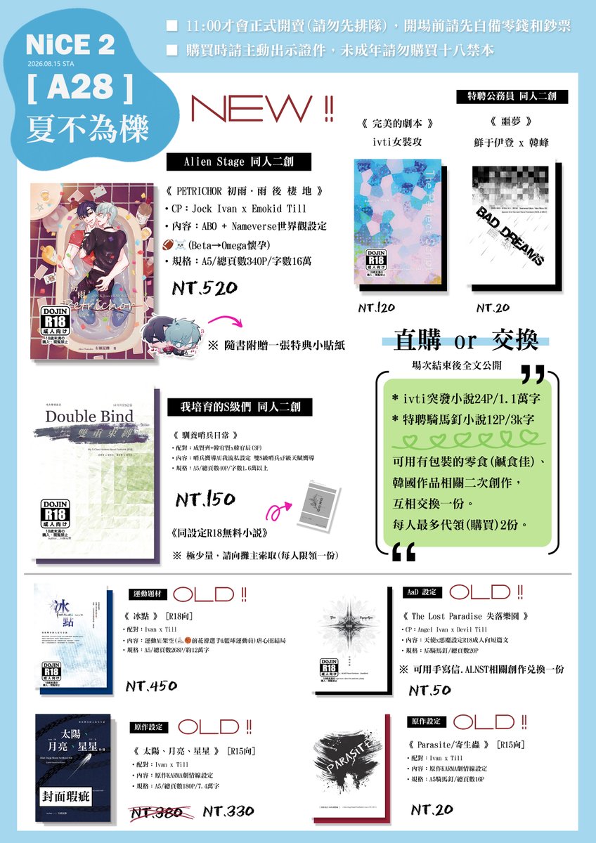 7lynnelee's tweet photo. 【NiCE2工商宣傳｜A28 夏不為櫟】☛注意事項☚

■ 當日需先場佈，AM11:00準時開賣，10:30開場後請勿在攤位前排隊(開賣前3分鐘才可排隊)，如有不便還請見諒
■ 開場前請先自備零錢和鈔票，[交換小說]每人最多限購(領)2份
■ 購買時請主動出示證件，未成年請勿購買十八禁本

#ALNST #ivti #S級 #特聘 https://t.co/LhPmWDNCm7