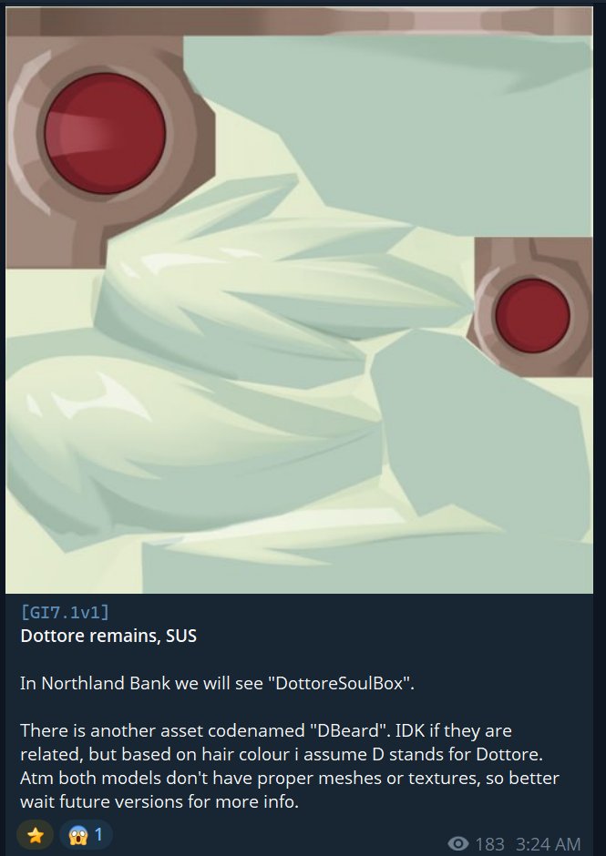 Pumpkin__Spicy's tweet photo. // 7.1 spoilers

Pantalone is keeping Dottore's remains? a soul? something? in the Northland Bank?!

Also actually getting Dottore information next patch and he's not being swept under the rug! https://t.co/wAy0n3Qwlw