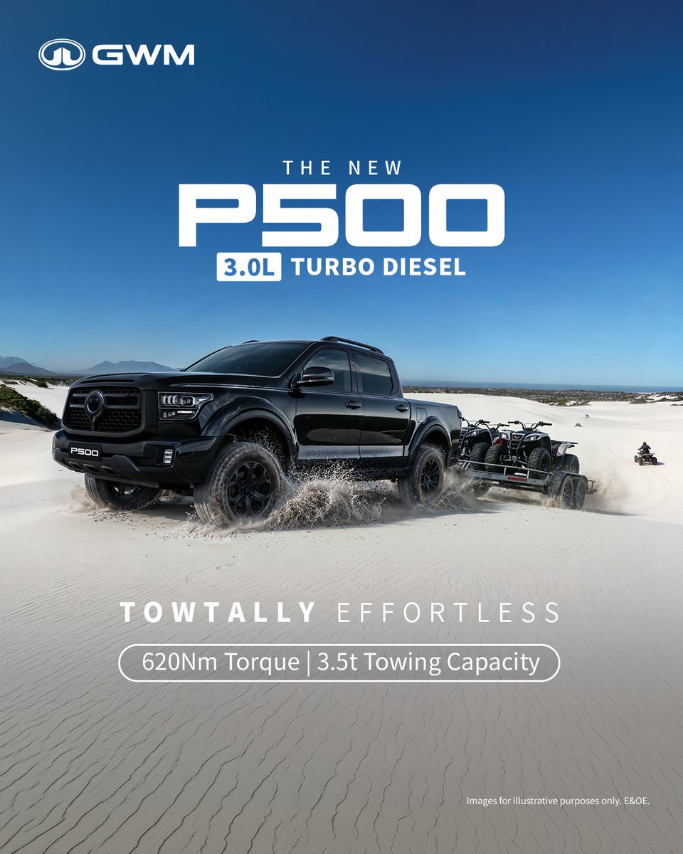 gwmsouthafrica_'s tweet photo. Take on work and play with the new GWM P500 3.0L Turbo Diesel, delivering 650 Nm of torque and a 3.5-tonne towing capacity.
Make every journey Towtally Effortless.
Coming soon.
#P500
#TowtallyEffortless
#GWMSouthAfrica
#GoWithMore https://t.co/wME1Olqjpl