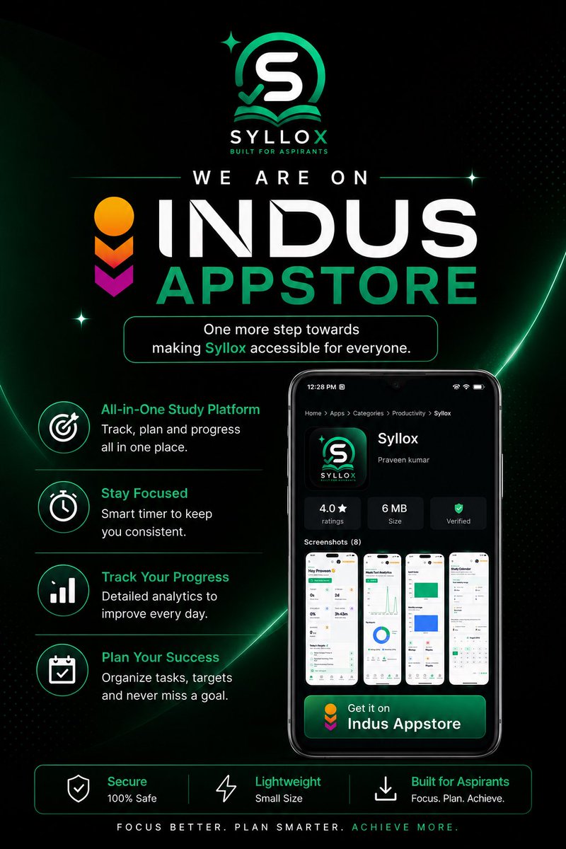 Sylloxin's tweet photo. 🚀 Syllox is now on the Indus Appstore!

Built for aspirants who want to focus better, plan smarter &amp; stay consistent. 💚

One more step towards making Syllox accessible to more students.

📲 Now available on Indus Appstore.

#Syllox #IndusAppstore #BuiltForAspirants https://t.co/bhdjO9wFqV