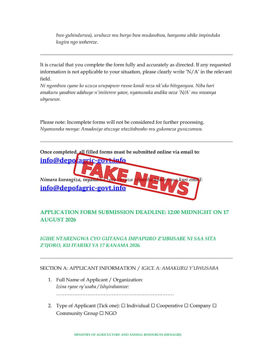 RwandaAgri's tweet photo. 🚨ATTENTION! FAKE NEWS🚨

MINAGRI has not announced or launched any grant application for Agricultural Small and Micro Enterprises (SMEs). Any forms circulating in MINAGRI’s name inviting applications for such grants are fake.

The public is advised to ignore such forms and avoid sharing personal information through them. For more information, call MINAGRI on the toll-free number 4127.