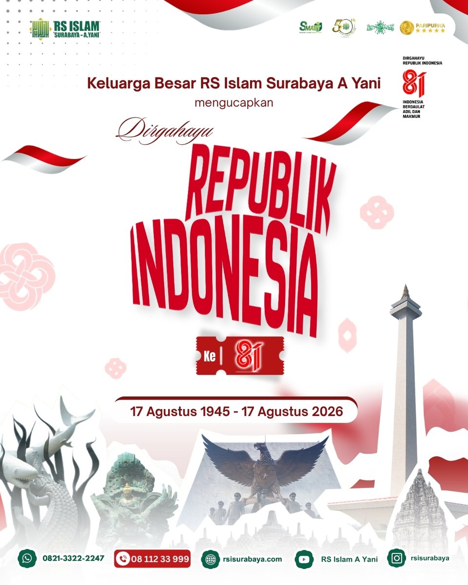 rsiayani's tweet photo. Dirgahayu Republik Indonesia ke-81! ❤️🤍

Sobat eRSIy

Keluarga besar RS Islam Surabaya A. Yani mengucapkan Dirgahayu Republik Indonesia ke-81. 🇮🇩✨

Semoga semangat kemerdekaan terus menginspirasi kita untuk menjaga persatuan, menuju Indonesia sehat dan maju. 🤝
#HUTRI81 https://t.co/1xzTBOgkVF