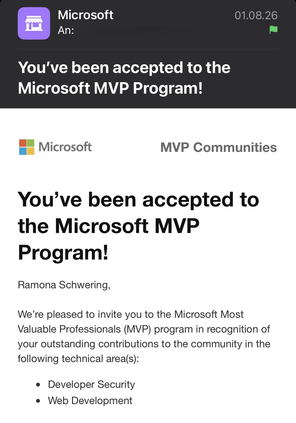Screenshot of an email from Microsoft inviting Ramona Schwering to the MVP Program for Developer Security and Web Development.