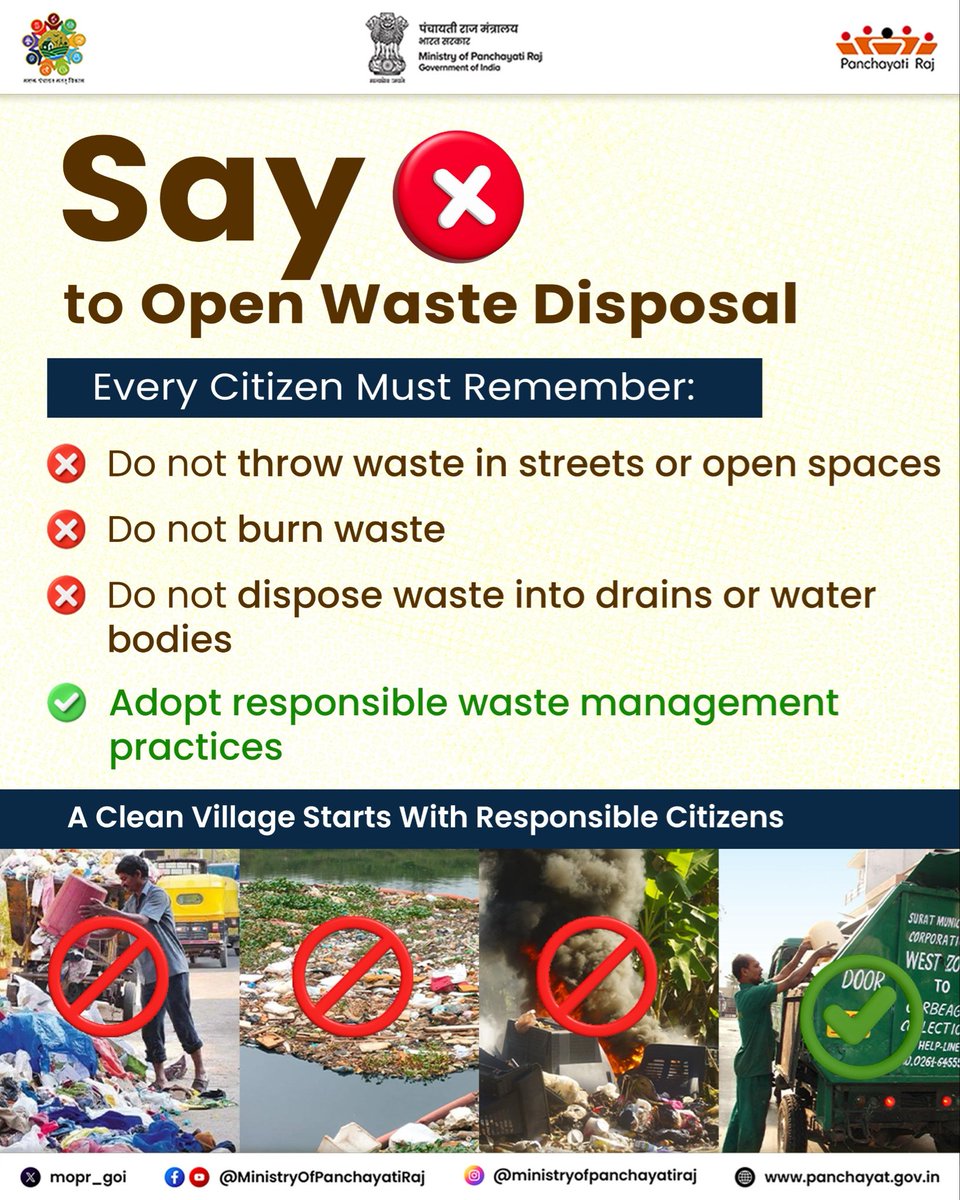 mopr_goi's tweet photo. A clean village begins with the choices we make every day. Say no to dumping and burning waste, and choose responsible disposal, segregation and sustainable waste management.
#MoPR #PanchayatiRaj #SolidWasteManagement #CleanVillages #WasteSegregation #SustainableRuralIndia
@moefcc
