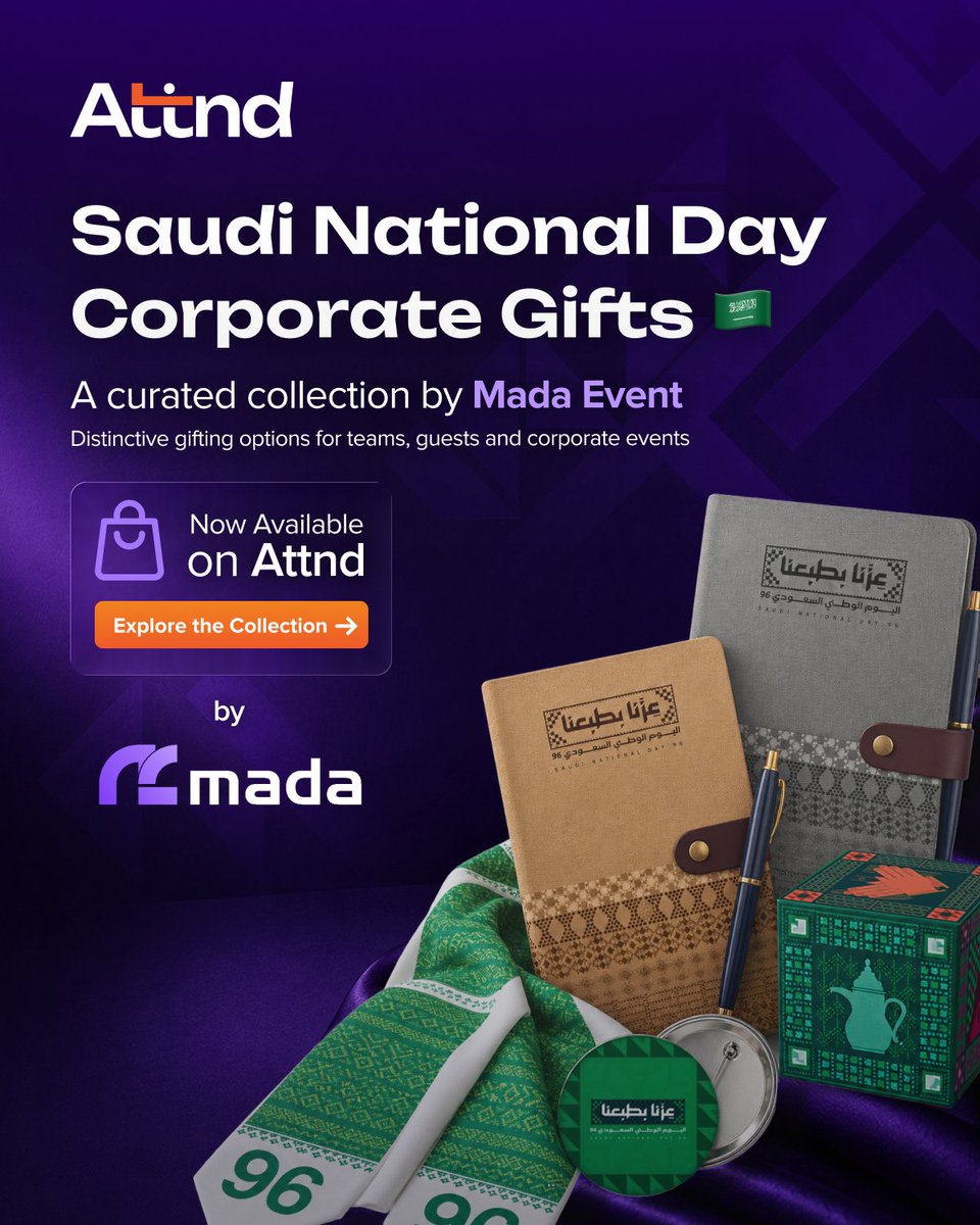 Attndsa's tweet photo. استعدوا لليوم الوطني السعودي بهدايا مؤسسية تليق بالمناسبة. 🇸🇦

تتوفر الآن عبر Attnd أتند مجموعة مختارة بعناية من هدايا اليوم الوطني من Mada Event، بتصاميم مميزة تناسب الشركات ومنظّمي الفعاليات الباحثين عن خيارات أنيقة وملائمة للمناسبة.

سواء كانت الهدايا للموظفين أو الضيوف أو ضمن فعاليات وتفعيلات اليوم الوطني، تقدم مجموعة Mada Event خيارات تساعدكم على تقديم تجربة أكثر تميزاً واهتماماً بالتفاصيل.

خططوا مبكراً واستكشفوا المجموعة عبر أتند.

#أتند #اليوم_الوطني_السعودي #اليوم_الوطني #هدايا_الشركات #فعاليات_السعودية

Get ready for Saudi National Day with corporate gifts made for the occasion. 🇸🇦

A thoughtfully curated selection of Saudi National Day gifts from Mada Event is now available through attnd, featuring distinctive options designed for companies and event organizers looking to make the occasion feel more considered and memorable.

Whether you're preparing gifts for employees, guests or a National Day activation, Mada Event’s collection offers polished options that bring an extra level of detail to the celebration.

Plan early and explore the collection through attnd.

#attnd #SaudiNationalDay #CorporateGifts #SaudiEvents #EventPlanning