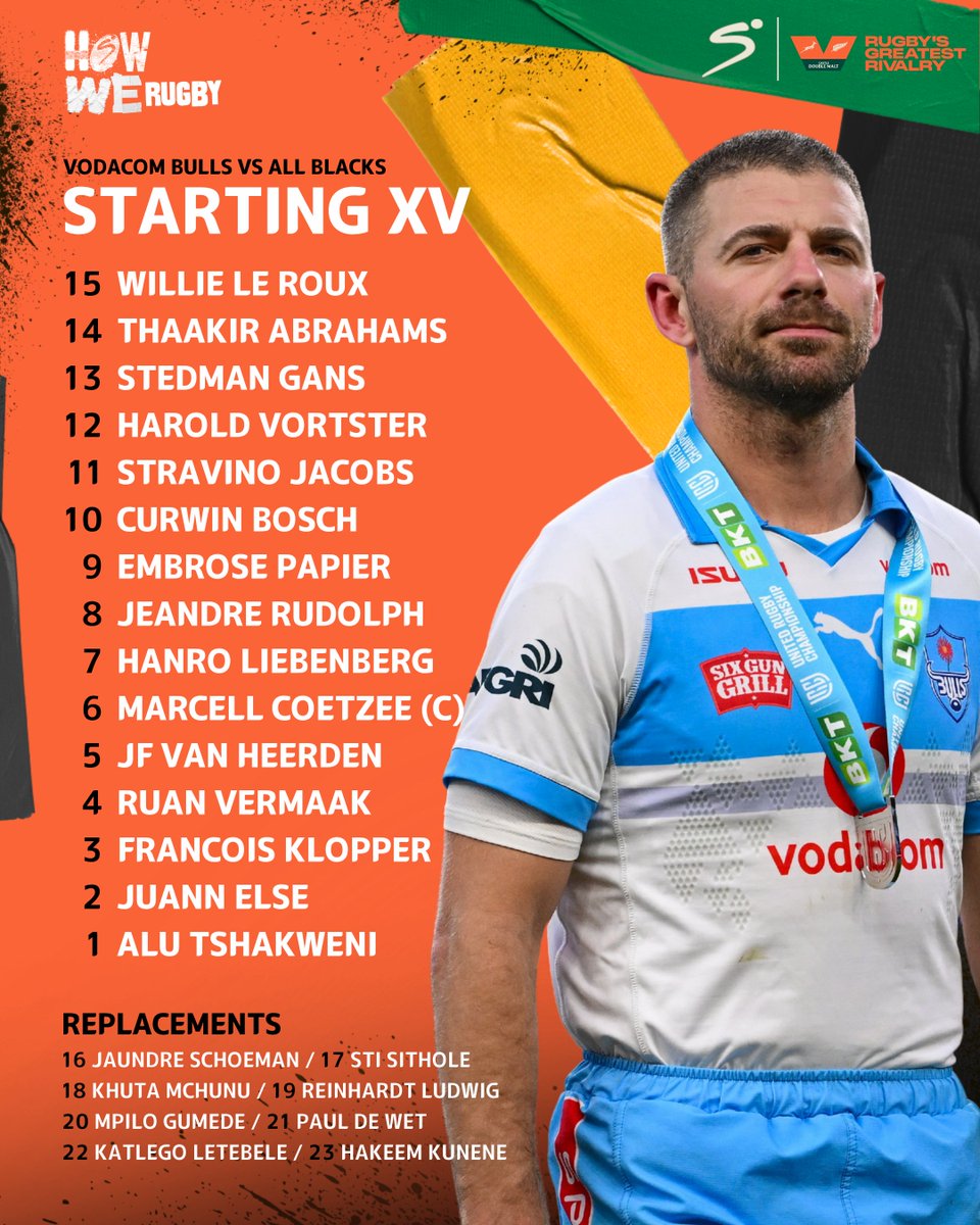 SSRugby's tweet photo. Johan Ackermann names his Vodacom Bulls side to face the All Blacks, with four capped Springboks in their squad for Saturday's #RugbysGreatestRivalry battle 🐂🟦 https://t.co/GUx1aQV2ZZ