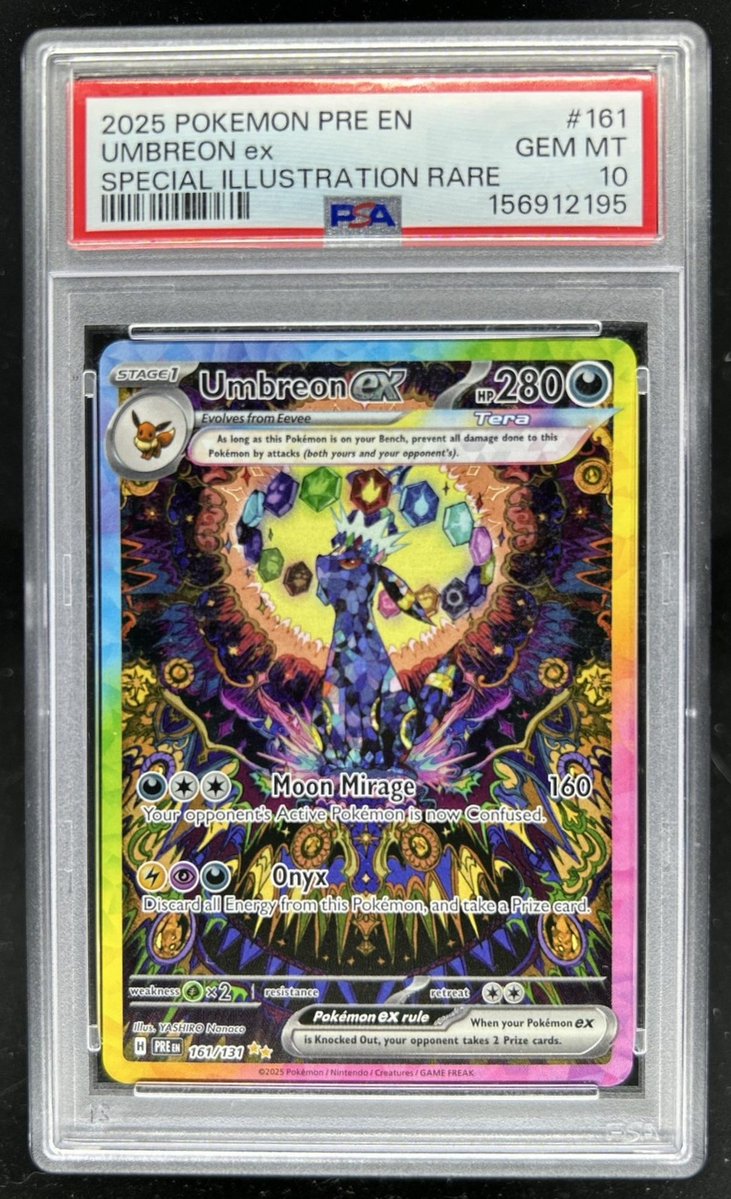 pokecardspotter's tweet photo. 2025 Pokemon Prismatic Umbreon ex Special Illustration Rare #161/131 PSA 10
Ending August 13th 9:34 PM EST
Bid/Buy via the link in our bio ⤵️
#pokemoncards #ebaypartner https://t.co/8Ku6SaZYzz