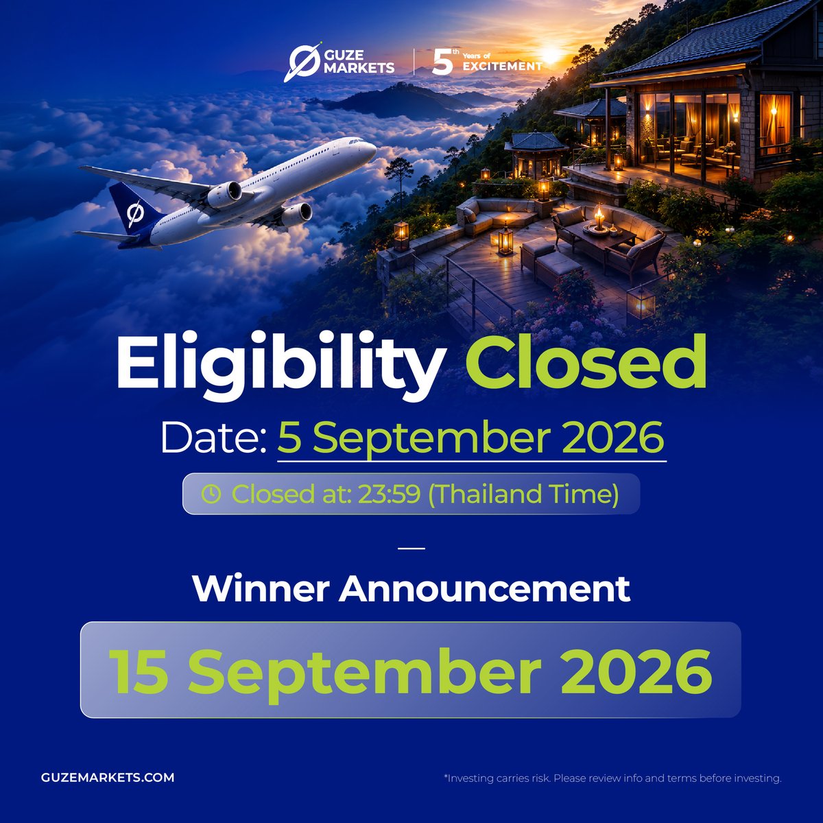 GuzeMarkets's tweet photo. Entry is now CLOSED! ✈️

Thank you for joining the GUZE MARKETS “5 Years of Excitement” campaign!
🎉 Lucky winners will be announced on 15 September 2026.
Stay tuned! 💙✈️

#GUZEMARKETS #5YearsofExcitement #GUZEMARKETS5Year #Giveaway #LuckyWinners https://t.co/xahwkjajGM