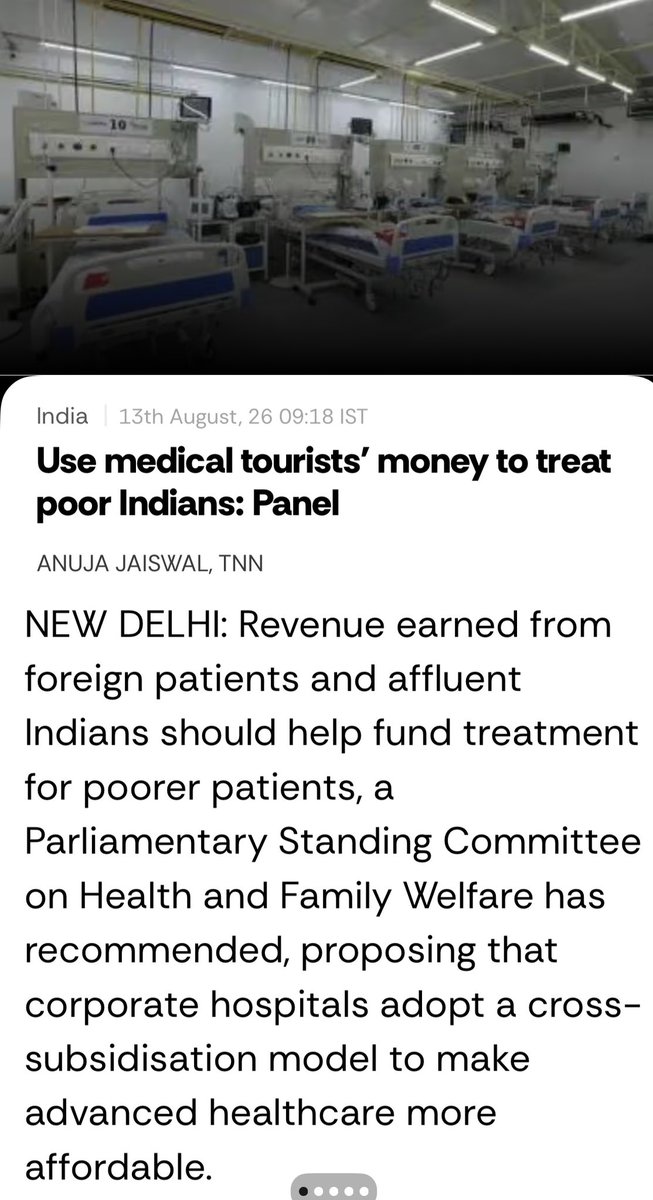 AnujaJaiswalTOI's tweet photo. Revenue earned from #foreign #patients and #affluent #Indians should help fund treatment for #poorer patients, a #ParliamentaryStandingCommittee on #Health and Family Welfare has recommended, proposing that corporate hospitals adopt a cross-subsidisation model to make advanced healthcare more affordable. The panel said hospitals that benefit from government concessions such as subsidised land, tax incentives and 100% foreign direct investment (FDI) should earmark part of the #revenue generated from #medicaltourism and high-paying patients to provide advanced tertiary care to #economically #weaker Indians.
@timesofindia @MoHFW_INDIA @JPNadda