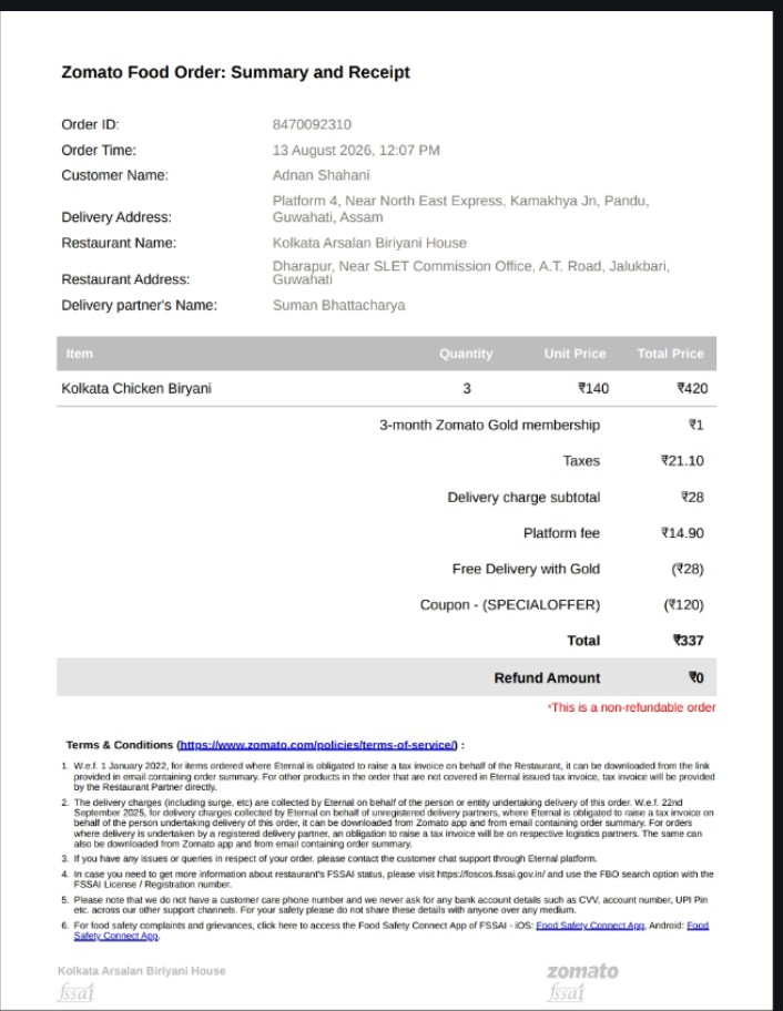 AdnanShahani8's tweet photo. @zomato  I ordered Kolkata Chicken Biryani from Kolkata Arsalan Biryani House via Zomato for delivery at Kamakhya Railway Station today. The delivery partner reached the station, but refused to come to my coach despite my request, citing rain. (1/3) https://t.co/JEjp80qydQ