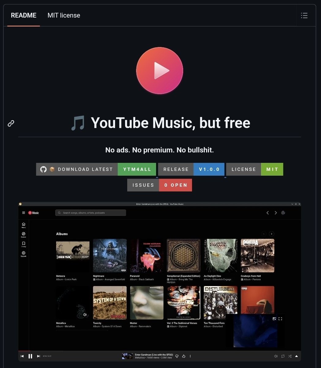 zimstat's tweet photo. YouTube Music:
“Pay us to remove the ads.”

Open-source developers:
“lol no”

So we built it.

✓ No ads
✓ Background playback
✓ No Premium
✓ Portable Windows app
✓ 100% open source

Free forever. Link in replies. https://t.co/Fy7FtMmF4l