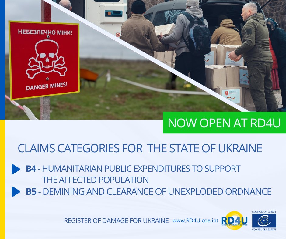 RD4U_claims's tweet photo. 📢 Categories B4, B5 in #RD4U are now open! The State of Ukraine can now claim compensation for humanitarian public expenditures and demining costs caused by the aggression of the Russian Federation against Ukraine.
➡️ https://t.co/XWdAxqsSqa 
#Ukraine #compensation #justice https://t.co/SoxKSJxdoO