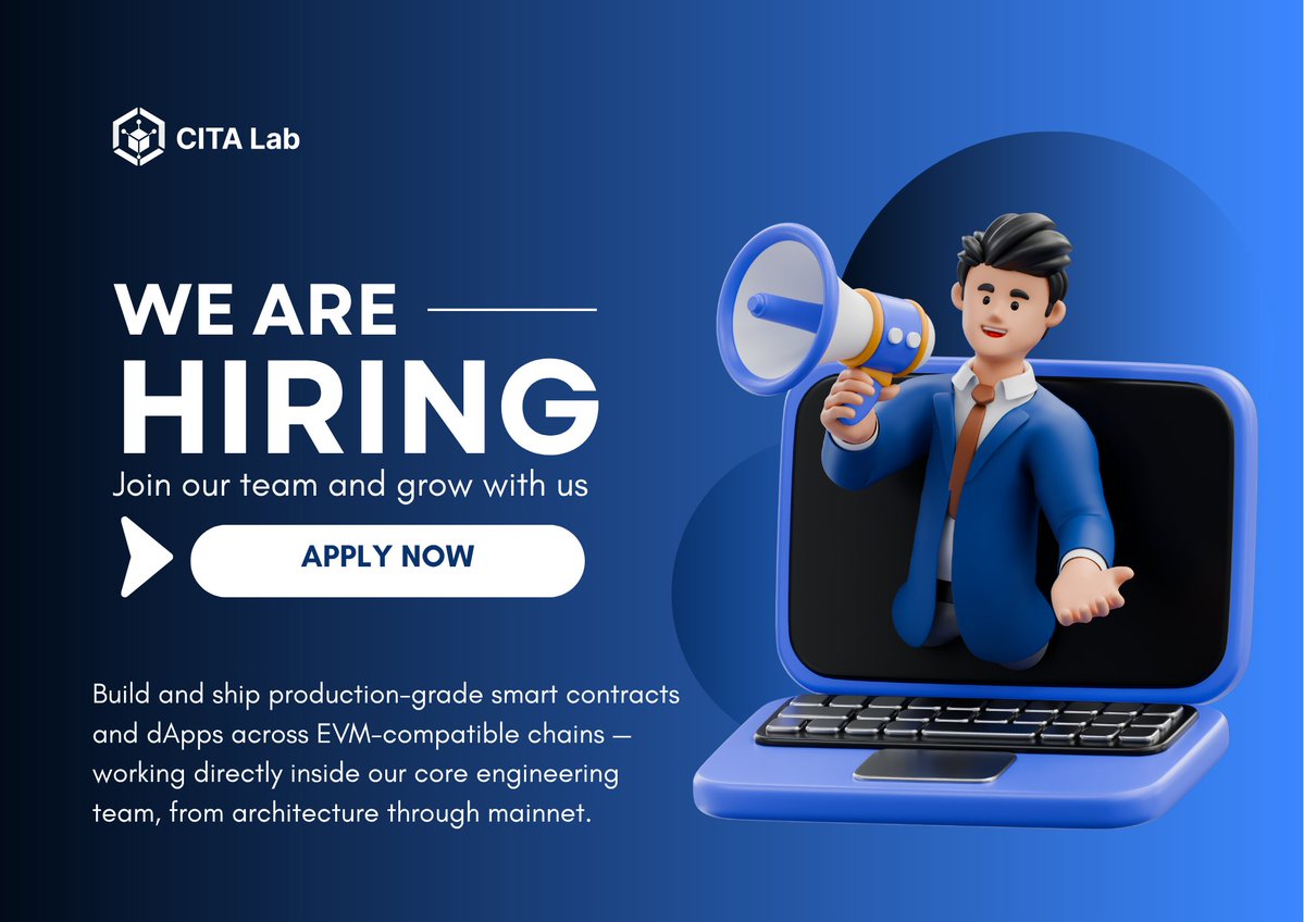 cita_lab's tweet photo. CITA Lab is hiring!

In this role, you’ll work directly inside our core engineering team to architect, build, and ship EVM smart contracts and dApps all the way through to mainnet deployment.

👉 Apply now: https://t.co/XofueaIPEi https://t.co/ekveKrPh93