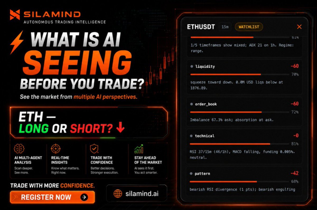 SelsilaWorld's tweet photo. ⚡ WHAT IS AI SEEING BEFORE YOU TRADE?

Still relying on one indicator?

What if you could see how multiple AI agents analyze the market before choosing LONG or SHORT? 👀

📊 ETH AI Analysis:
• Liquidity: -60
• Order Book: -60
• Chart Pattern: -42
📉 Pattern: Bearish Engulfing

Don't rely on guesswork alone.
🔍 Explore AI-generated analysis, agent scores & confidence insights on SILAMIND AI.
