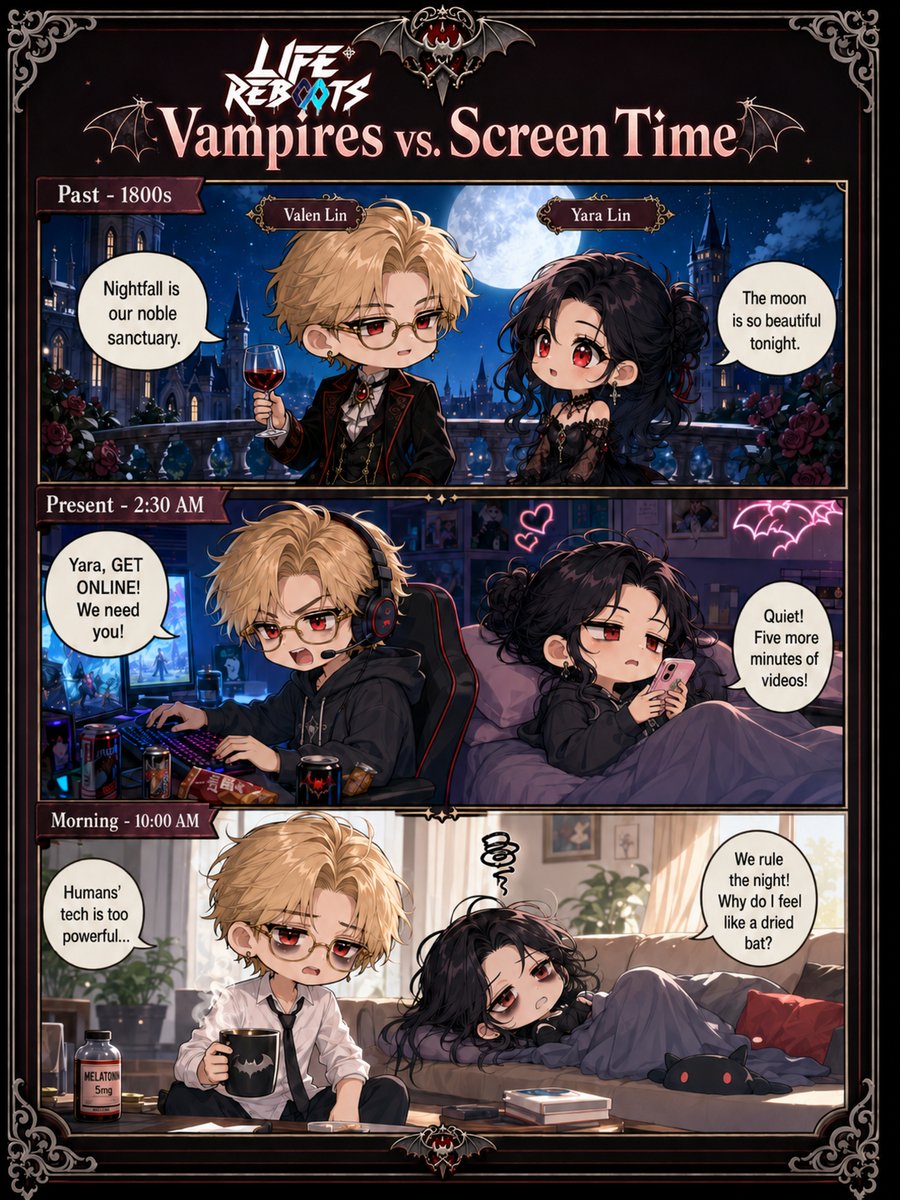 mingyun2026's tweet photo. POV: You’re immortal but still lose to “one more video.” 💀📱
Vampires survived for centuries.
Their sleep schedule didn’t.
#LifeReboots #VampiresVsScreenTime #Doomscrolling #comic https://t.co/KkiLs5O277
