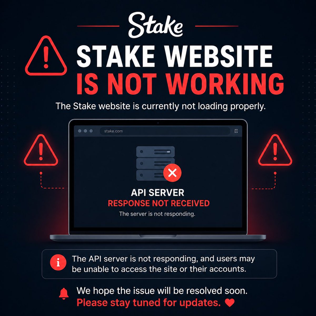 Stakedropcode's tweet photo. 🚨 Stake Website Issue

The Stake website is currently not working properly, and the API server is not responding. Some users may be unable to access the website or their accounts.

Are you also experiencing issues? Let us know what problem you’re facing. 👇

#Stake #StakeDown #API #ServerIssue