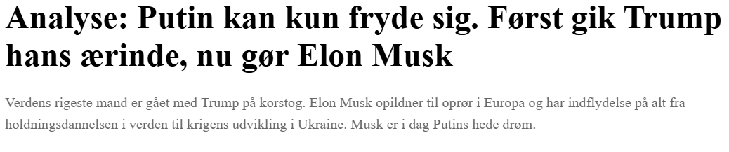 Arpe_DK's tweet photo. Jyllands-posten har ingen skam i livet, i en ny artikel udgivet her til morgen kæder de Elon Musk' fars tur til Moskva sammen med at Elon nu skulle være gode venner med Putin...

Elon har mødtes med sin far 2 gange de sidste 10 år. At kæde hans udflugter sammen med Elons bedrifter er direkte manipulerende og hører ingen sted hjemme. 

Starlink er en væsentlig del af at der stadig er noget som hedder Ukraine. Måske man skulle have undersøgt sagen inden man skrev en artikel på et forkert grundlag.