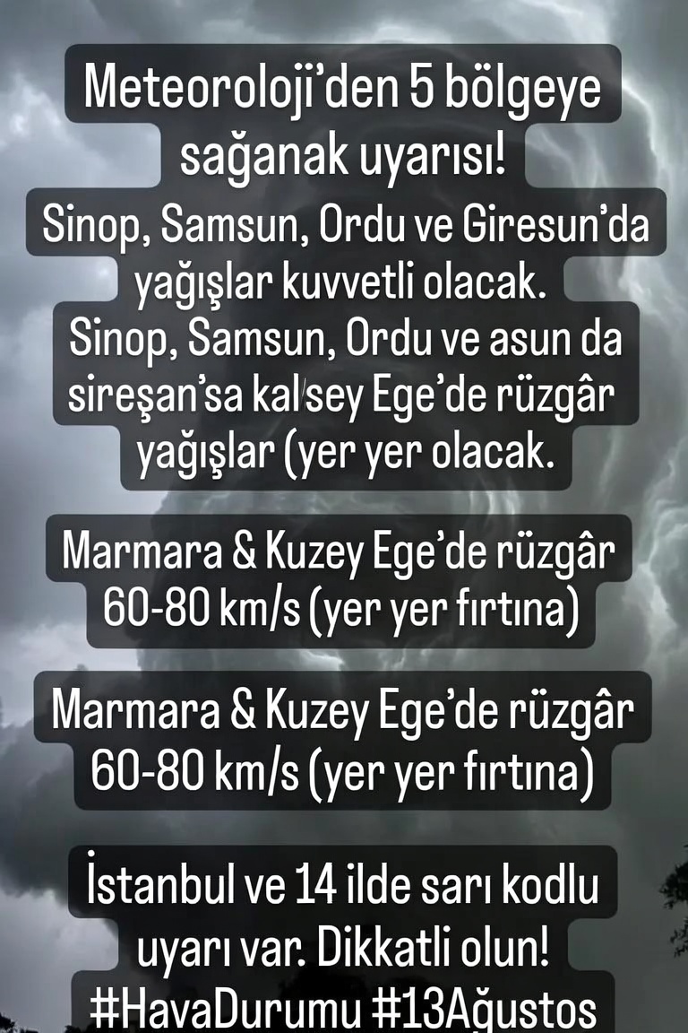 Dnyadahab's tweet photo. 🌧️☔Meteoroloji’den 5 bölgeye sağanak uyarısı!
Sinop, Samsun, Ordu ve Giresun’da yağışlar kuvvetli olacak.
Marmara &amp; Kuzey Ege’de rüzgâr 60-80 km/s (yer yer fırtına).
İstanbul ve 14 ilde sarı kodlu uyarı var.
Dikkatli olun! #HavaDurumu #13Ağustos https://t.co/7DV5S6W6Z7