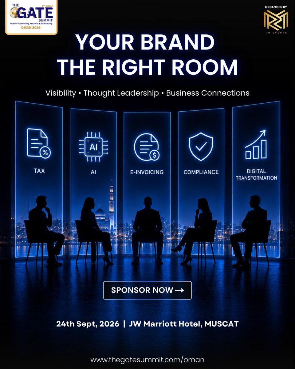 The_Gate_Summit's tweet photo. Put your brand in front of decision-makers shaping Tax, AI, E-Invoicing, Compliance &amp; Digital Transformation at The GATE Summit Oman 2026.
📅 24 Sept | 📍 JW Marriott Hotel, Muscat
🎯 Sponsor now: https://t.co/O59JoHZ3XU

#TheGATESummit #Sponsorship #FinTech #EInvoicing #Oman https://t.co/AmoxkRoza4