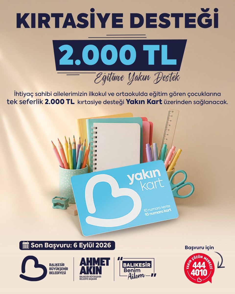 ahmetakin's tweet photo. Yeni eğitim yılına hazırlanırken ailelerimizin yükünü biraz olsun hafifletmek, çocuklarımızın heyecanına ortak olmak istiyoruz. 🩵

İhtiyaç sahibi ailelerimizin ilkokul ve ortaokul çağındaki çocuklarına 2.000 TL kırtasiye desteği sağlıyoruz.

Çünkü Balıkesir’imizde hiçbir çocuğumuzun eğitim yolculuğunda imkânsızlıklarla karşılaşmasını istemiyoruz. Evlatlarımız okusun, hayallerinin peşinden umutla yürüsün. Biz her zaman yanlarındayız.

☎️444 40 10
📅 Son Başvuru: 6 Eylül 2026