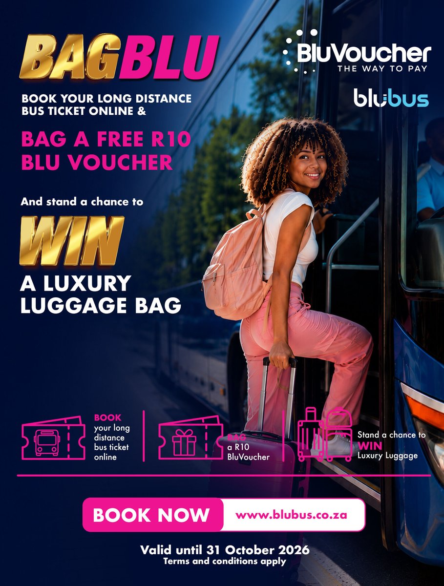 BluVoucher's tweet photo. Browse. Book. BAG BLU!
 
Book your next long-distance bus ticket online with Blu Bus and enjoy more than just the journey.
 
For every qualifying booking up until the 31 October 2026, you'll receive a R10 BluVoucher delivered straight to your inbox.
 
Plus, every qualifying booking is automatically entered into our monthly draw to WIN luxury luggage.
 
✔ Compare South Africa's leading bus carriers
✔ Book online in minutes
✔ Get rewarded every time you book
 
Ready to BAG BLU?
 
Book now at https://t.co/8FQNGUNg6N
 
T&Cs apply.
 
#BAGBLU #BluBus #BluVoucher #BookOnline #TravelRewards #LongDistanceTravel #TravelSouthAfrica