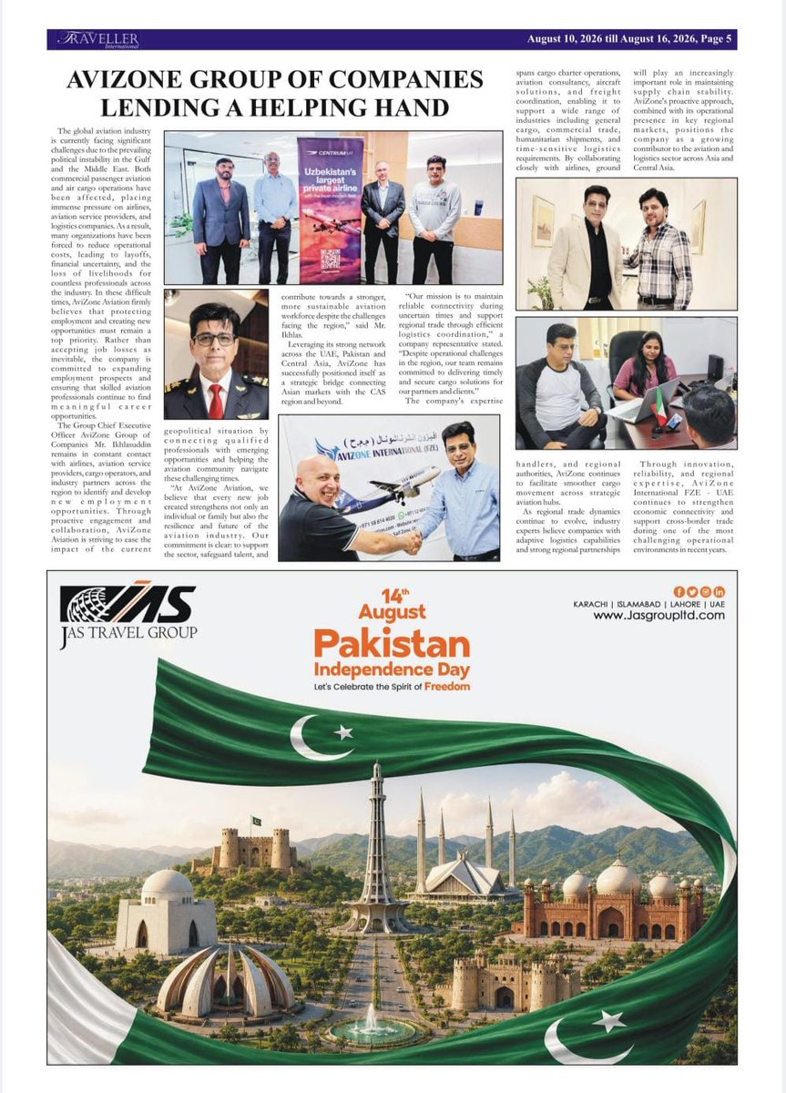 avizoneinternal's tweet photo. Proudly featured in Traveller International 🇵🇰✈️ Celebrating Pakistan’s 79th Independence Day and the spirit of freedom, unity &amp; progress.

#AvizoneAviation #PakistanIndependenceDay #14August #Aviation https://t.co/SqaZfWdjpp