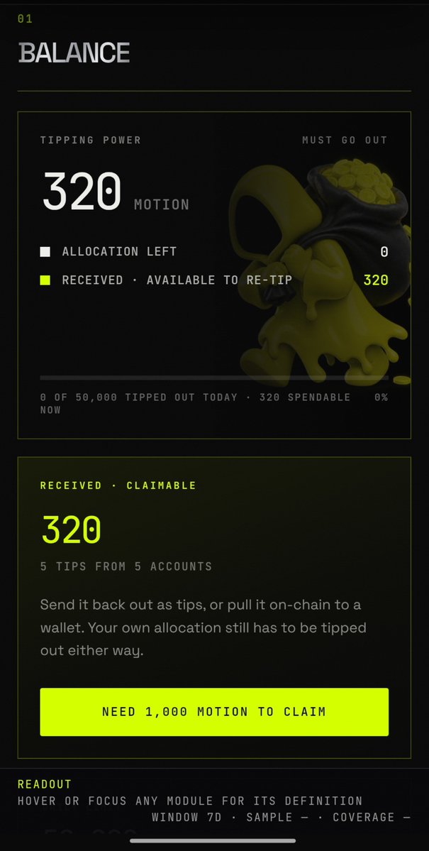 mr_0xCrypto's tweet photo. 320 MOTION received • still claimable
Just got tipped by 5 legends  Help me unlock the claim threshold.
Tip me any amount of $MOTION right now — every tip brings me closer to 1,000 so I can pull it on-chain (or re-tip it back into the community).  Your tip = my next tip. Let’s keep the motion going  Drop a tip if you’re feeling generous  #MotionTip #TipMe #KeepTheMotion

@motiontip @tipmotion