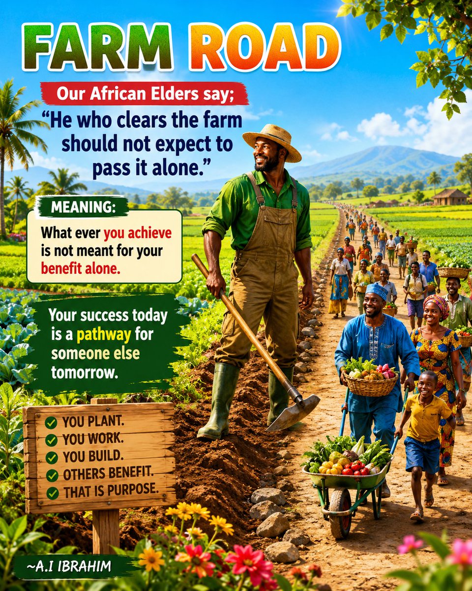 kiacomedy1's tweet photo. FARM ROAD 🌾

Our African Elders say;

He who clears the farm road should not expect to pass it alone.

MEANING:

Whatever you achieve in life is not meant for your benefit alone.

The road you clear today may become a pathway for others tomorrow. Your success can create opportunities, open doors, inspire others, and make life easier for those who come after you.

True success is not measured only by how far you go, but by how many people can benefit from the road you have cleared.

INSPIRATIONAL REFLECTION 🪞🌟

Do not clear your path only to walk alone.

Build something that others can stand on. Open doors that others can enter through. Share knowledge that can lift another person.

A meaningful achievement becomes greater when your success becomes a pathway for someone else. 🌍✨