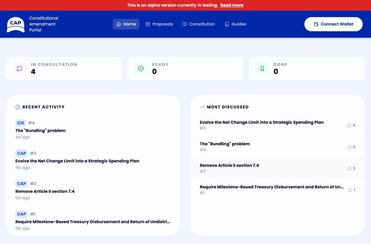 IntersectMBO's tweet photo. Constitutional Amendment Portal (CAP) update 🧢 

It has been encouraging to see early engagement with the portal.

So far the community has submitted:
3 Constitutional Amendment Proposals (CAP)
1 Constitutional Issue Statement (CIS)

Connect a wallet. Join the disucssions. 👇️ 

https://t.co/qWCmeLNNKX