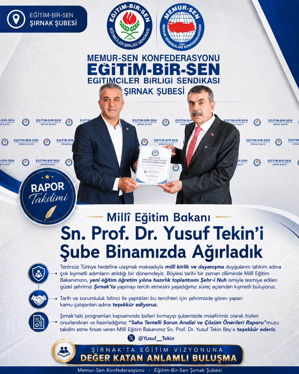 ebssirnak's tweet photo. Millî Eğitim Bakanımız Sn. Prof. Dr. Yusuf Tekin’i Şırnak Şube Binamızda ağırladık. Şırnak’ın eğitim gündemine ilişkin hazırladığımız “Saha Temelli Sorun Analizi ve Çözüm Önerileri Raporu”nu takdim ettik. Nazik ziyaretleri için teşekkür ediyoruz. @Yusuf__Tekin https://t.co/ydcZbGNQZc