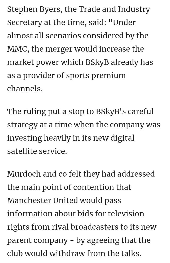 RedMarrow_'s tweet photo. 27 years ago Rupert Murdoch was not allowed to buy Manchester United, btw.

The Monopolies and Mergers Commission (MMC) investigated the deal for six months. They concluded that owning the club would "increase BSkyB’s already dominant market power over premium sports television channels."

So how is Jeff Bezos, who already holds a streaming license for PL games via Prime Video, allowed to bid for a football club?