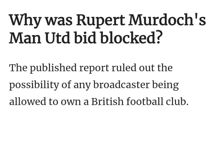 RedMarrow_'s tweet photo. 27 years ago Rupert Murdoch was not allowed to buy Manchester United, btw.

The Monopolies and Mergers Commission (MMC) investigated the deal for six months. They concluded that owning the club would "increase BSkyB’s already dominant market power over premium sports television channels."

So how is Jeff Bezos, who already holds a streaming license for PL games via Prime Video, allowed to bid for a football club?